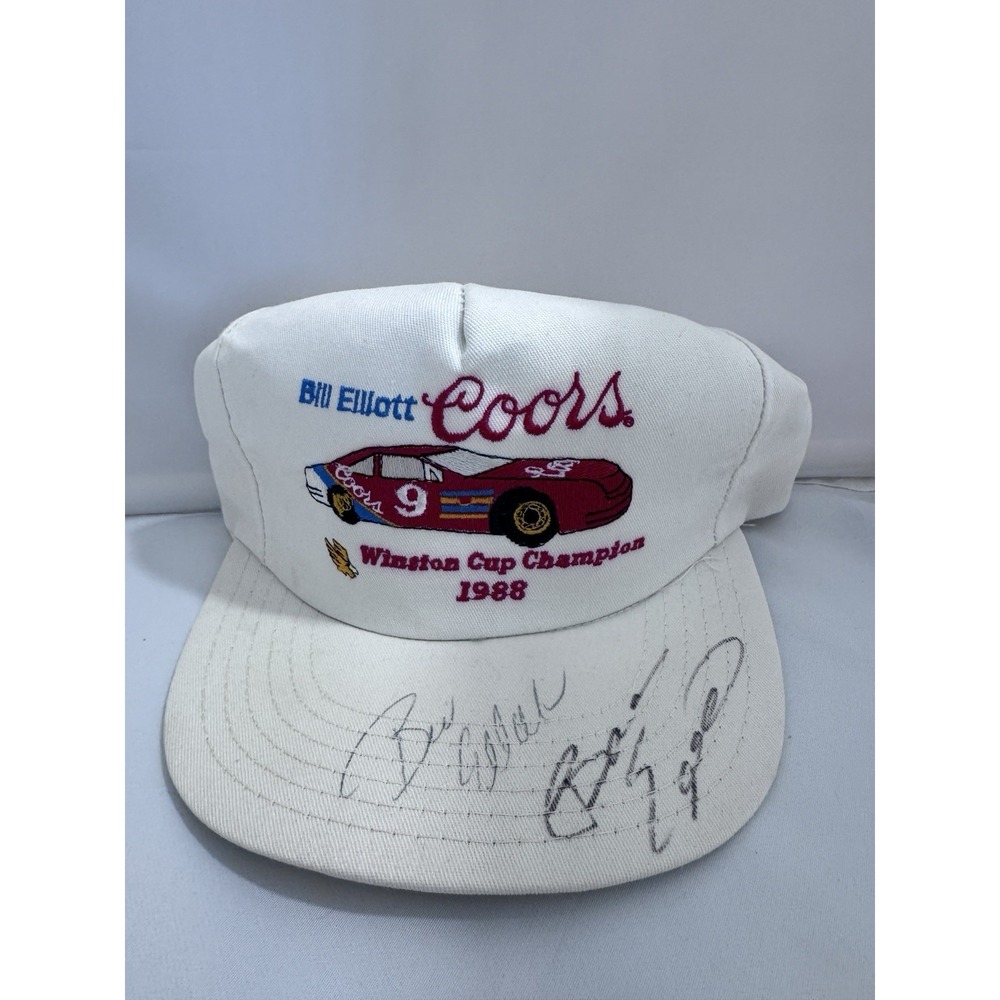 VTG Coors Bill Elliott 9 Winston Cup 1988 NASCAR Champion Signed Hat White Cap